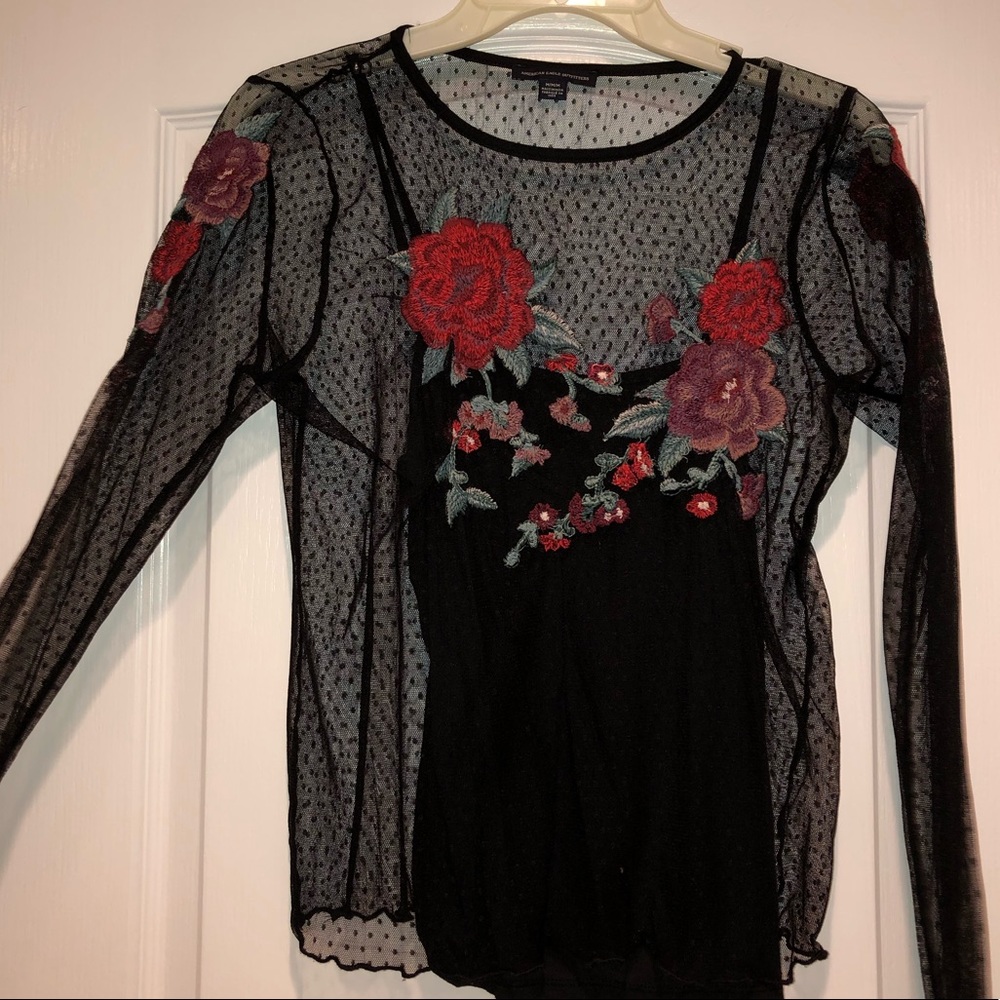 American Eagle Embroidered Rose Sheer Top